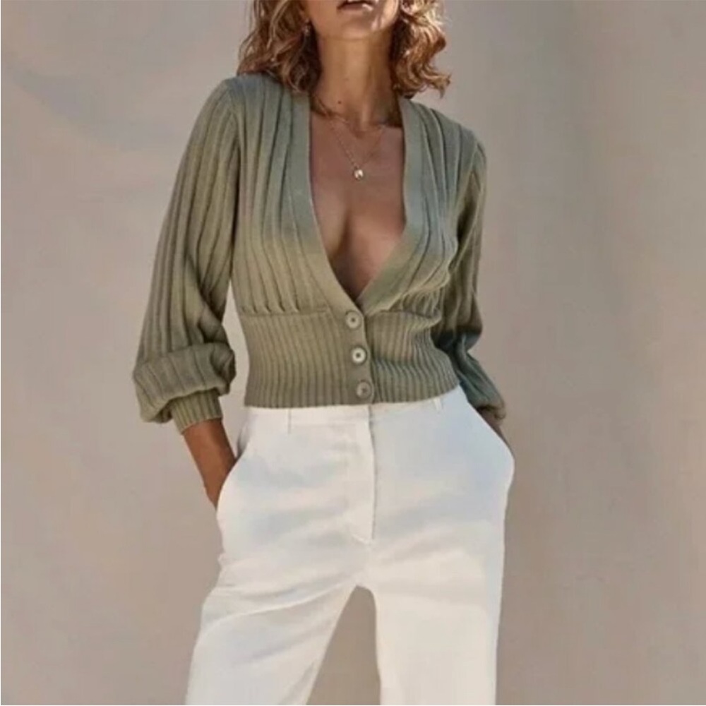 Wilfred Aritzia Plunge Front Ribbed Cardigan in Silver Sage Green